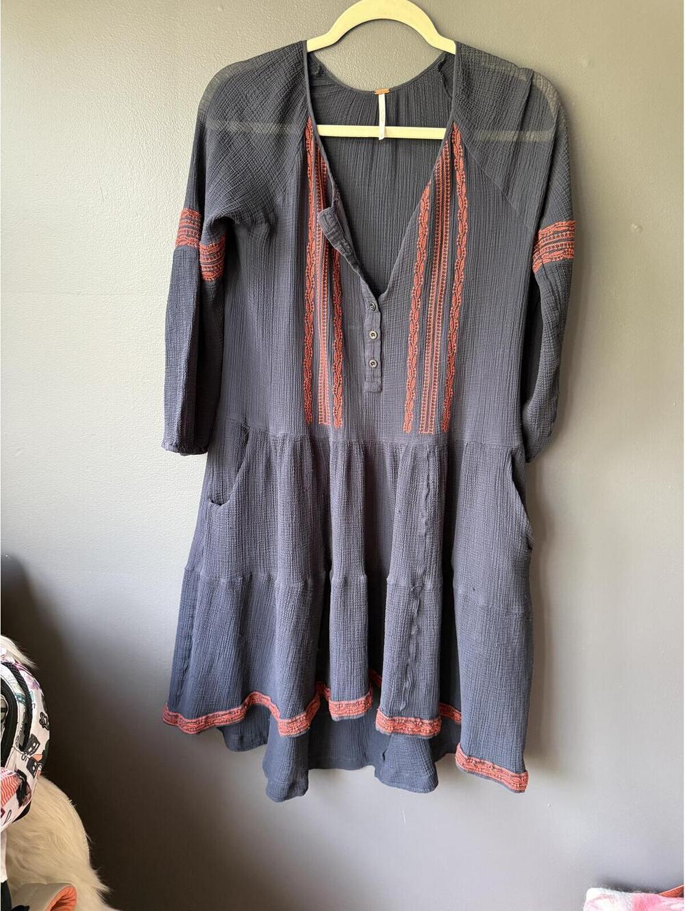 Free People Navy Gauze Embroidered Peasant Dress Tunic with Coral Trim